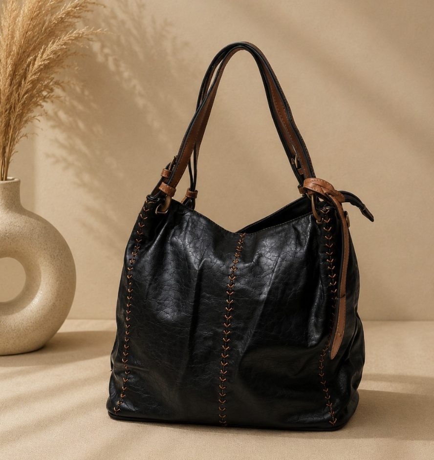 Black Leather Slouchy Hobo Shoulder Bag