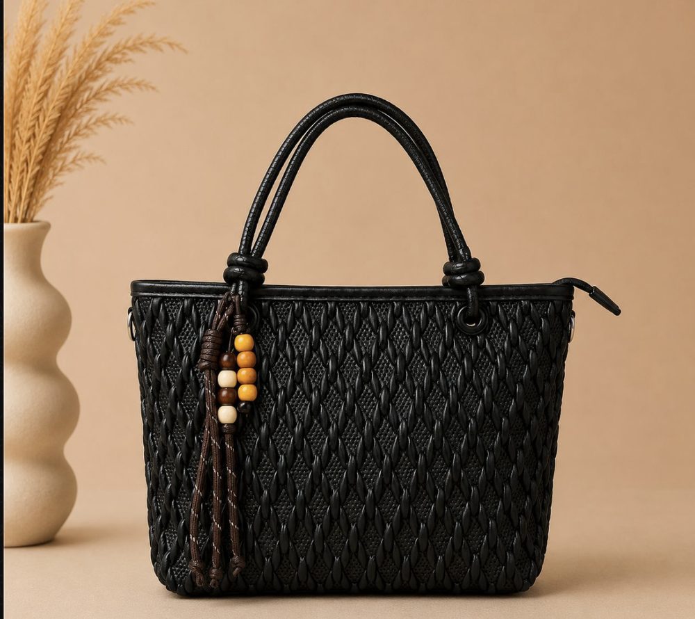 Black Textured Woven Handbag