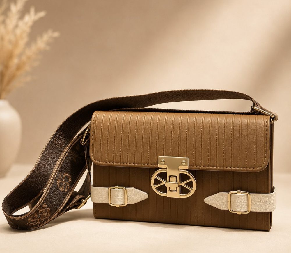 Brownish Colourblocked Sling Bag