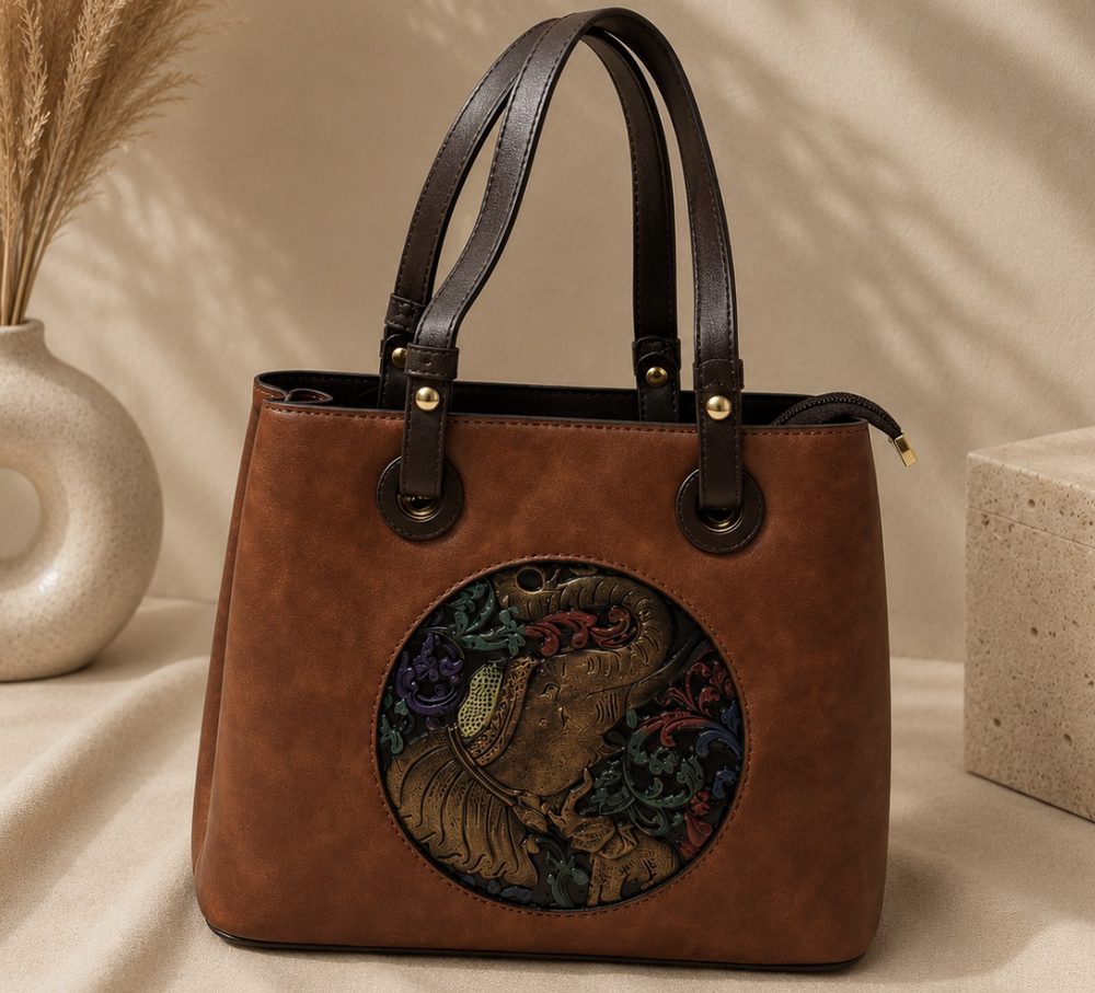 Ethnic Elephant-Embossed Tote Handbag