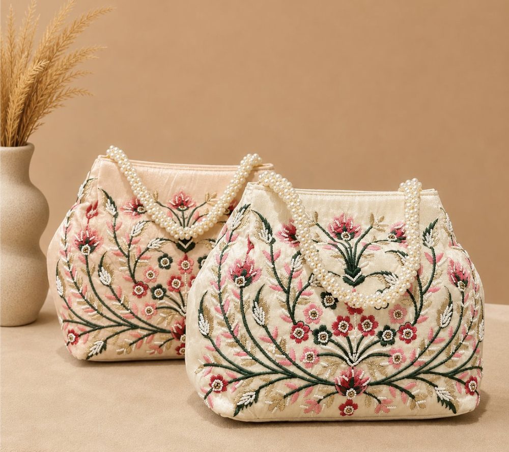 Light Peach & Cream Floral Embroidered Potli Handbag