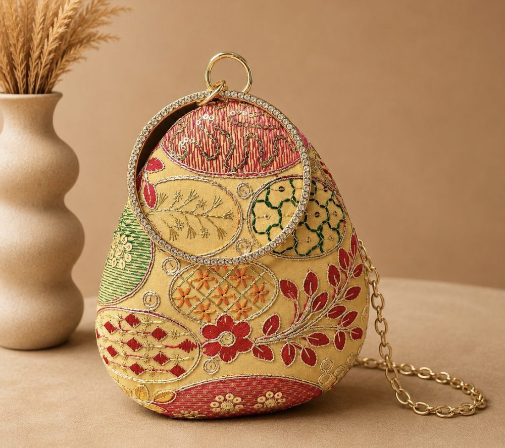 Pink Patterned Matka Shaped Handbag