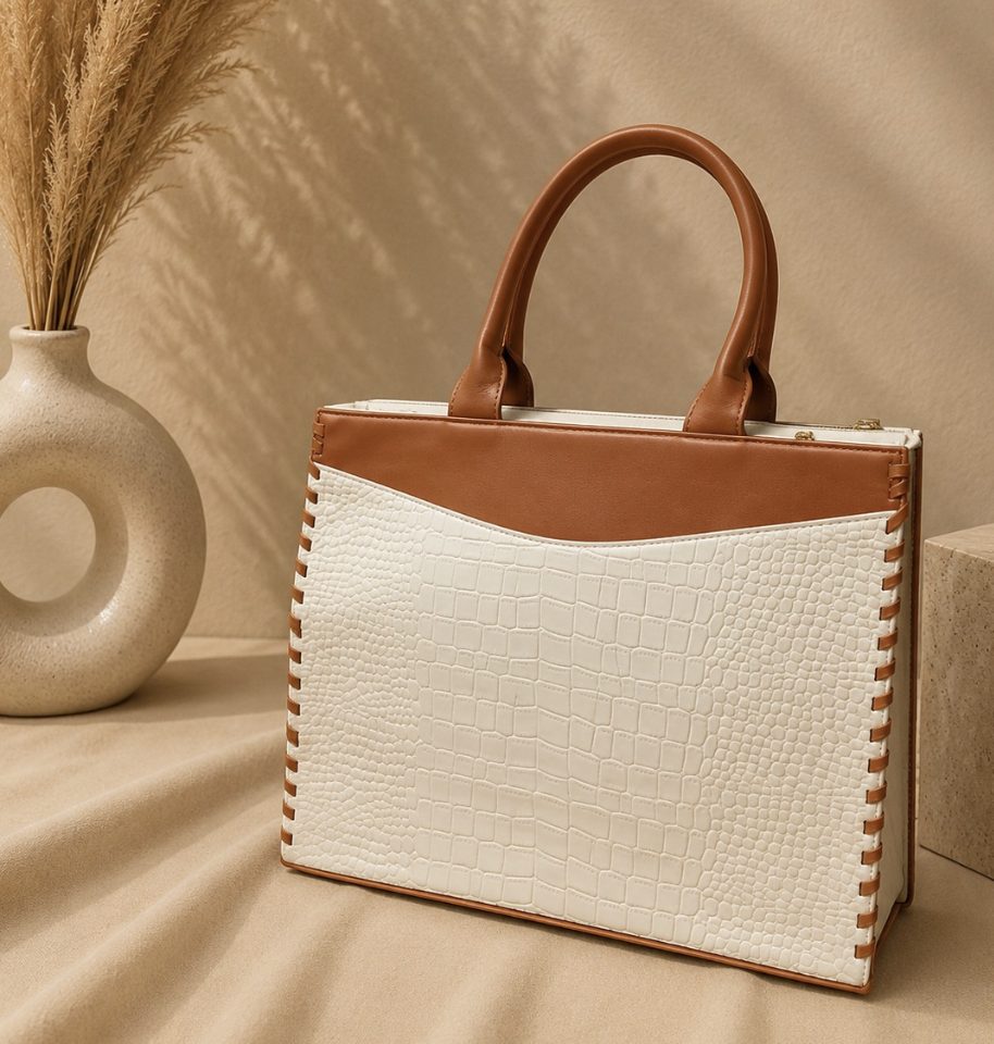 White & Brown Contrasted Textured Tote Bag